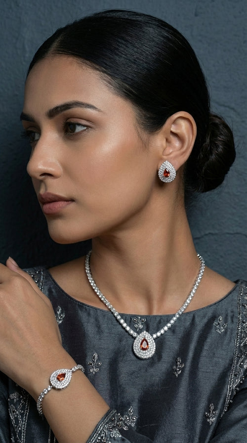 Royal Amber Zircon Bridal Teardrop Necklace, Bracelet & Earring Set