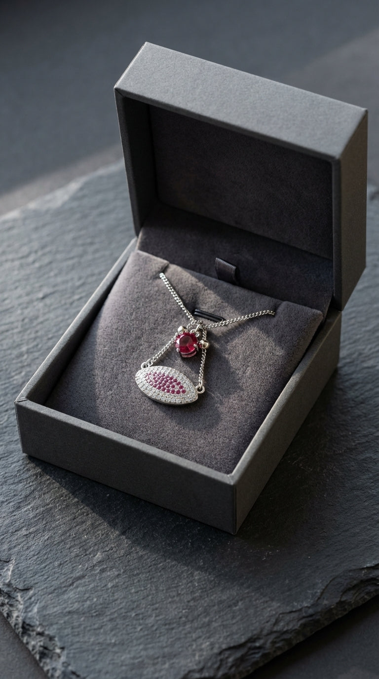 Royal Crimson Marquise Halo Pendant & Multi-Strand Silver Chain Necklace
