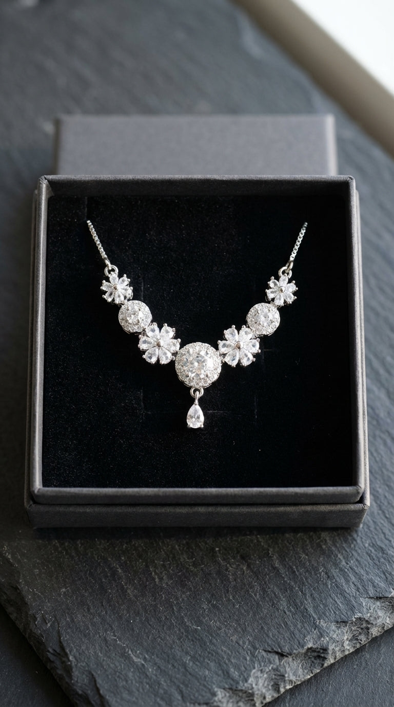 Royal Floral Cluster Zircon Pendant Necklace with Teardrop Accent