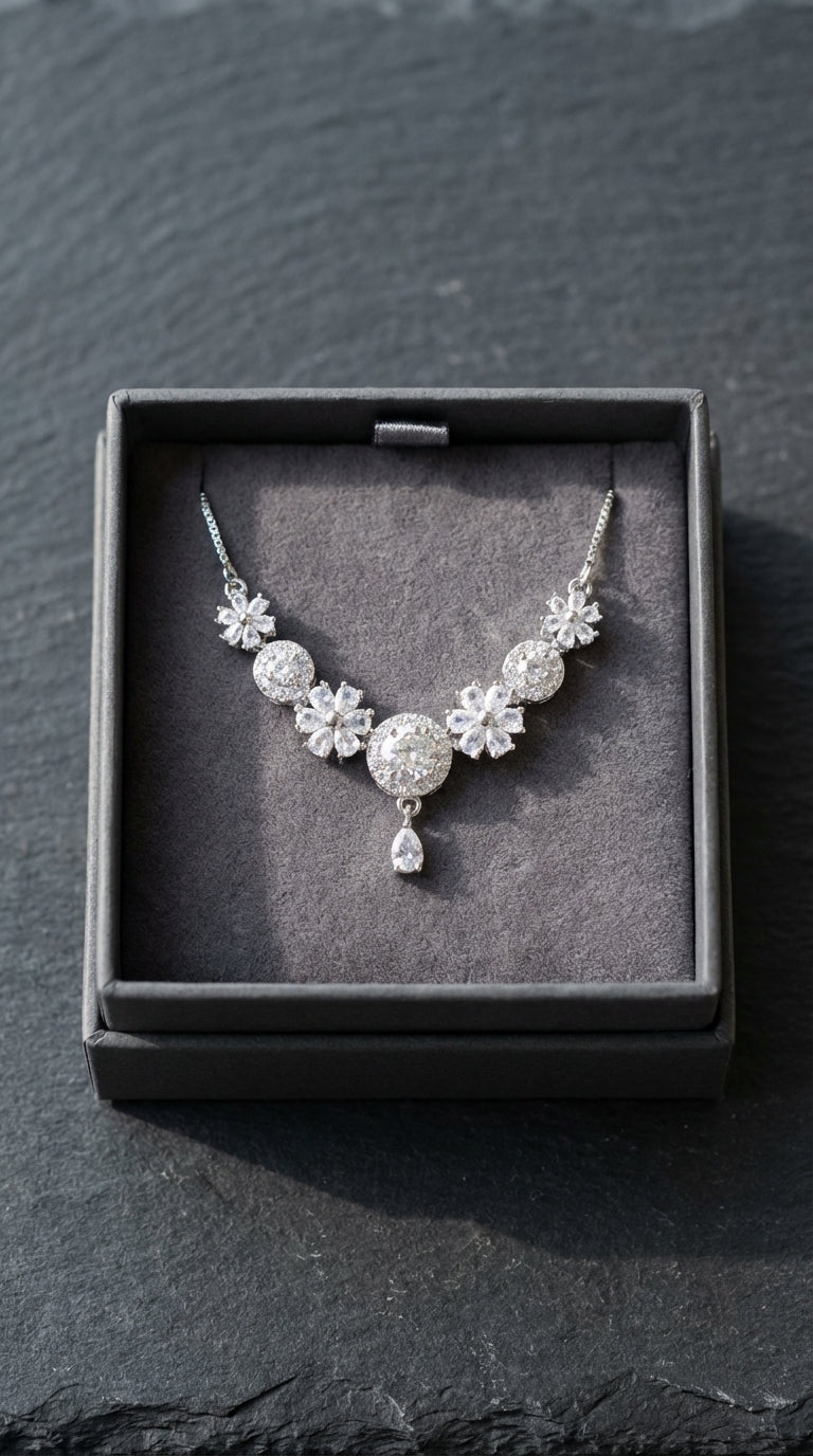 Royal Floral Cluster Zircon Pendant Necklace with Teardrop Accent