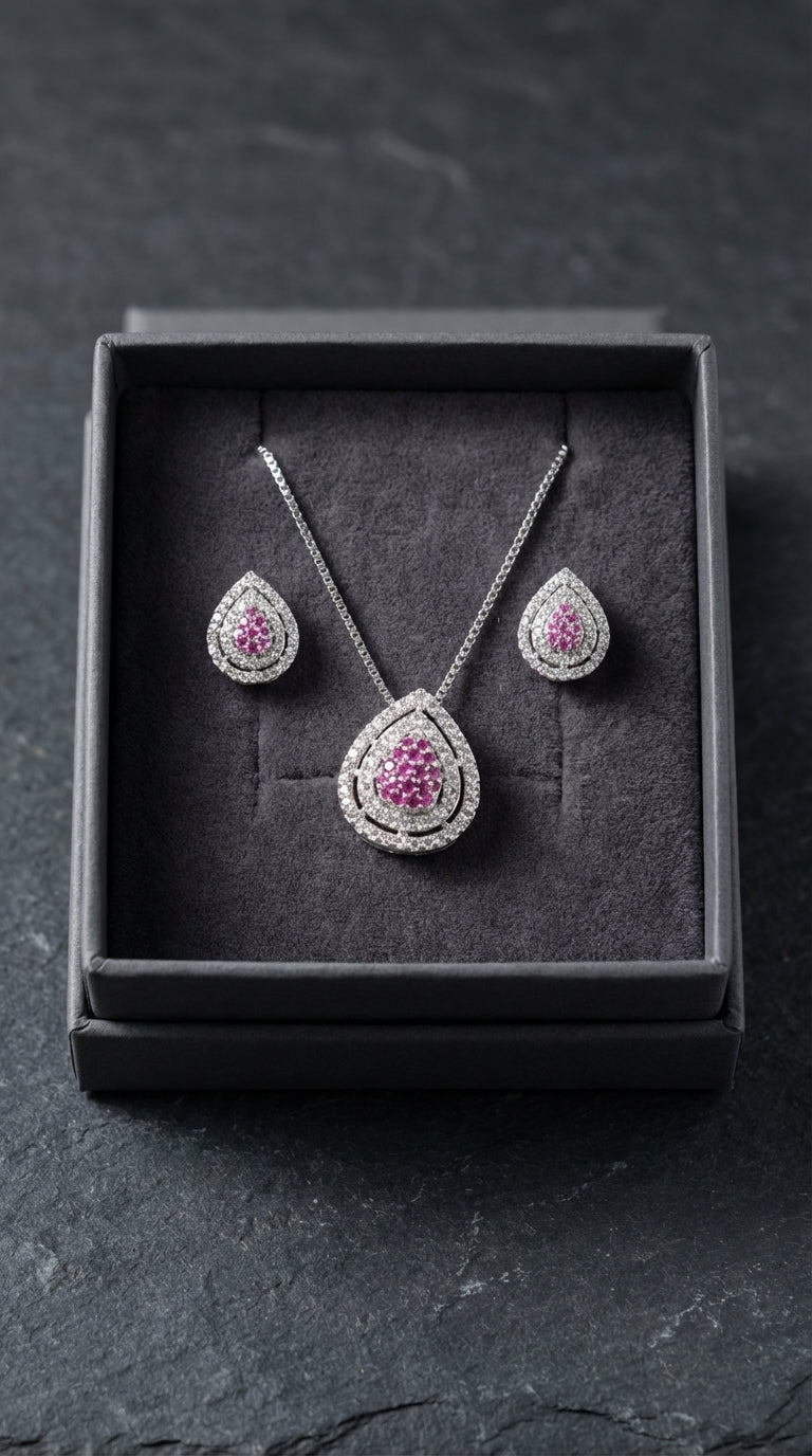 Elegant Pink Teardrop Pendant Necklace & Stud Earring Set