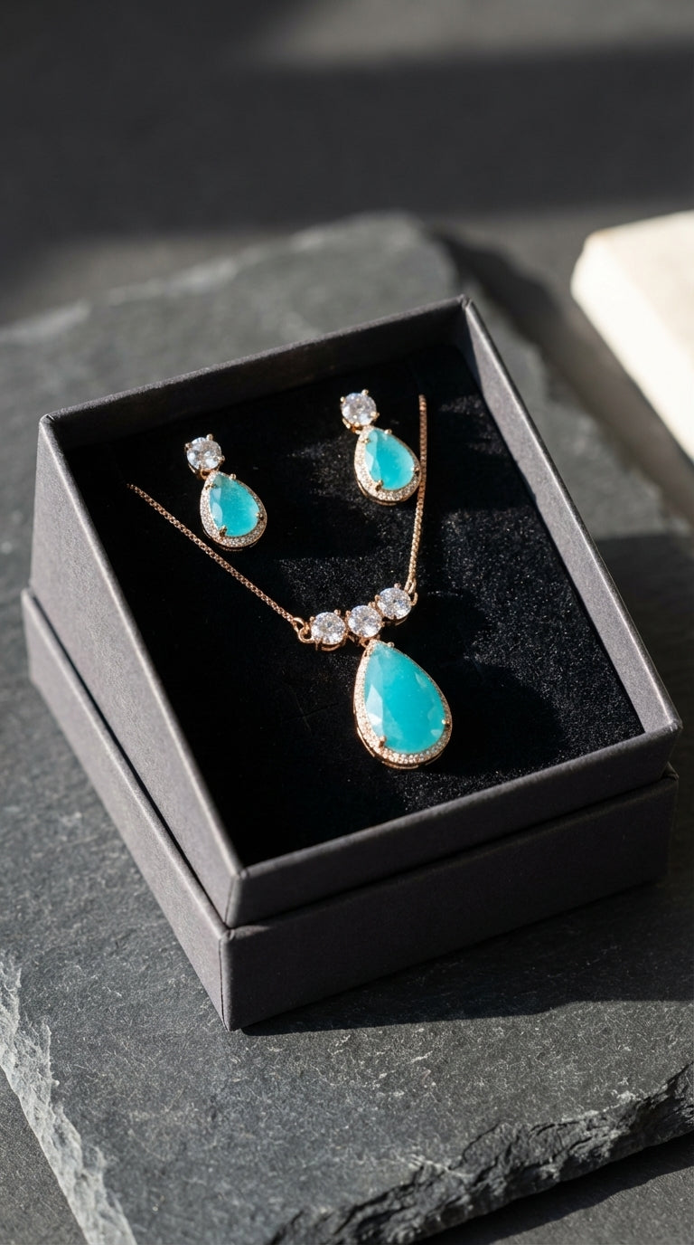 Royal Seafoam Turquoise Zircon Gold-Plated Teardrop Pendant & Earring Set
