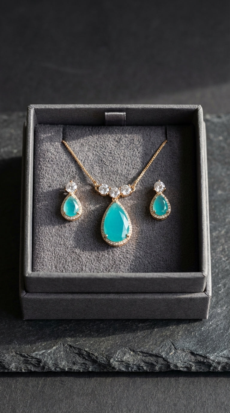 Royal Emerald Green Zircon Bridal V-Necklace & Teardrop Earring Set