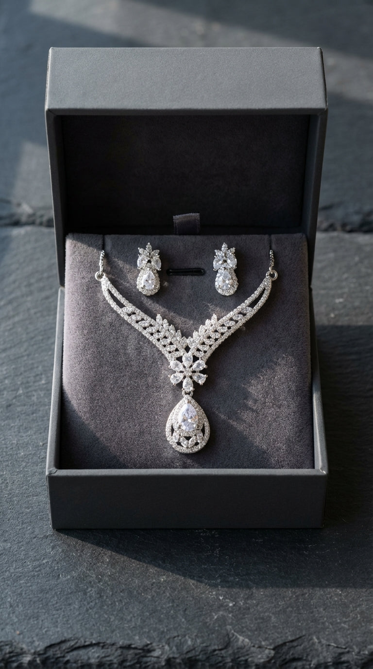 Royal Silver Necklace & Teardrop Earring Set