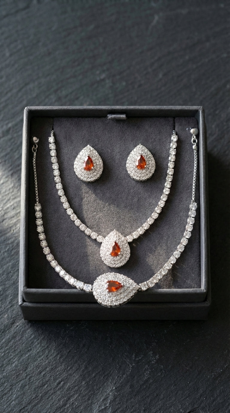 Royal Amber Zircon Bridal Teardrop Necklace, Bracelet & Earring Set