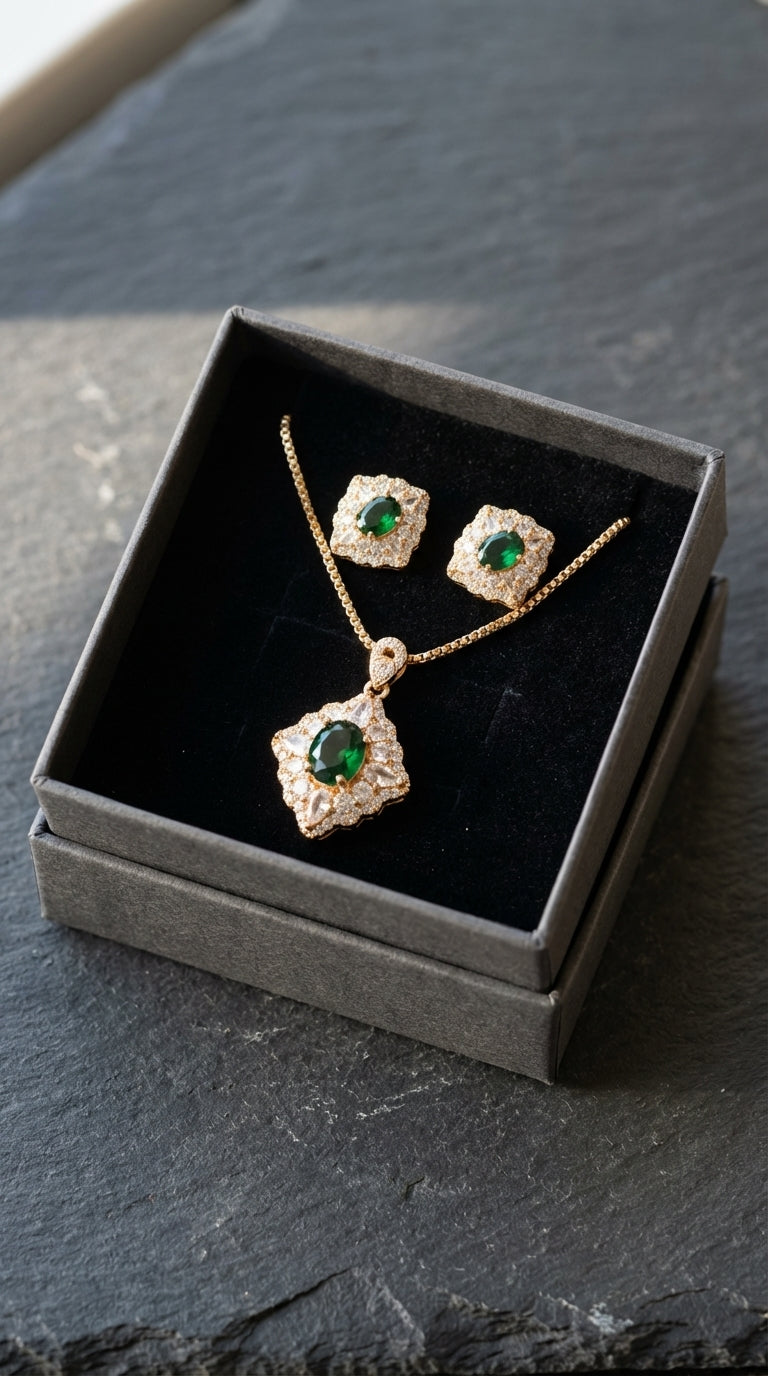 Royal Emerald Green Gold Plated Pendant Necklace & Earring Set