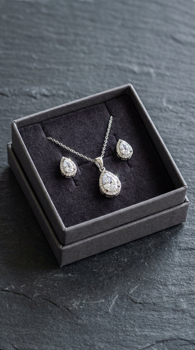 Royal Silver Zircon Bridal V-Necklace and Teardrop Drop Earring Set