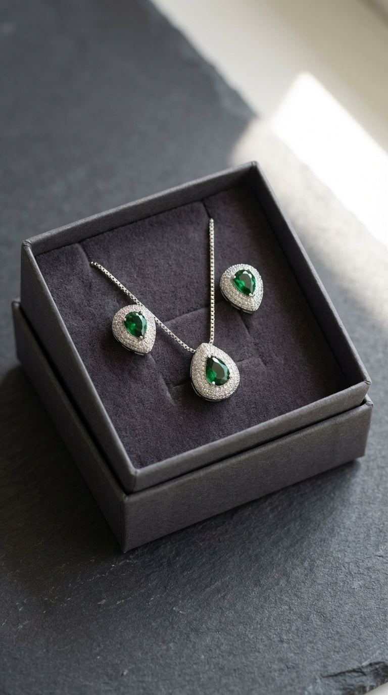 Royal Emerald Green Zircon Bridal V-Necklace & Teardrop Earring Set