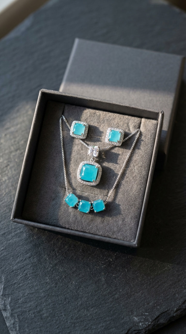 Royal Seafoam Turquoise Zircon Square-Cut Halo Pendant, Bracelet & Earring Set