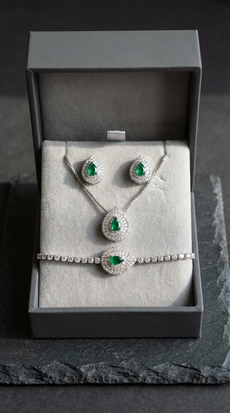 Royal Emerald Green Zircon Bridal Teardrop Necklace, Earring & Bracelet Set