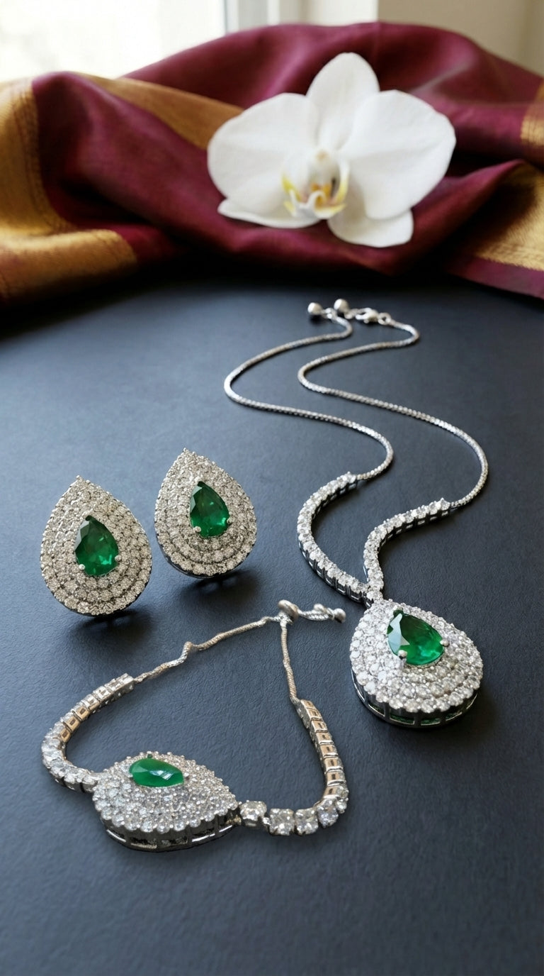 Royal Emerald Green Zircon Bridal Teardrop Necklace, Earring & Bracelet Set