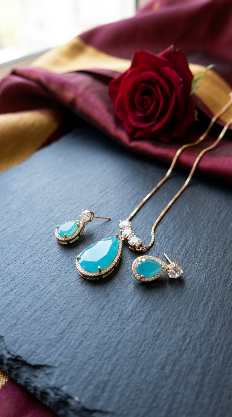 Royal Emerald Green Zircon Bridal V-Necklace & Teardrop Earring Set