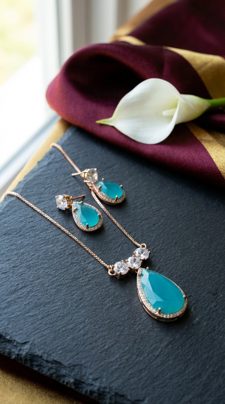 Royal Seafoam Turquoise Zircon Gold-Plated Teardrop Pendant & Earring Set