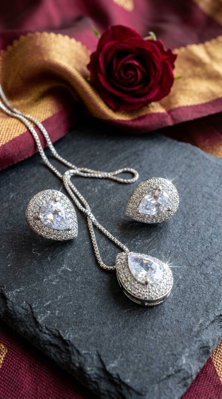Royal Silver Zircon Bridal V-Necklace and Teardrop Drop Earring Set