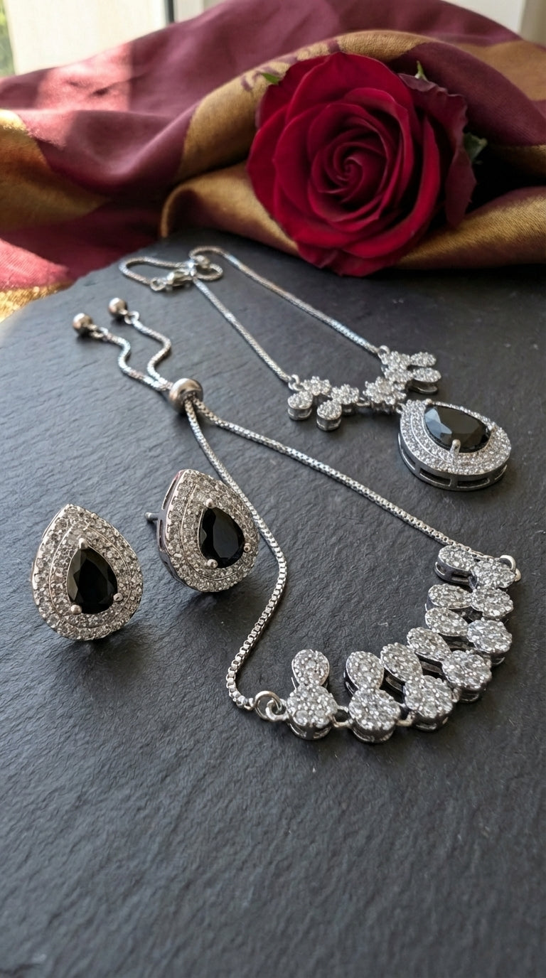 Royal Black Zircon Bridal Pendant Necklace, Earring & Bracelet Set