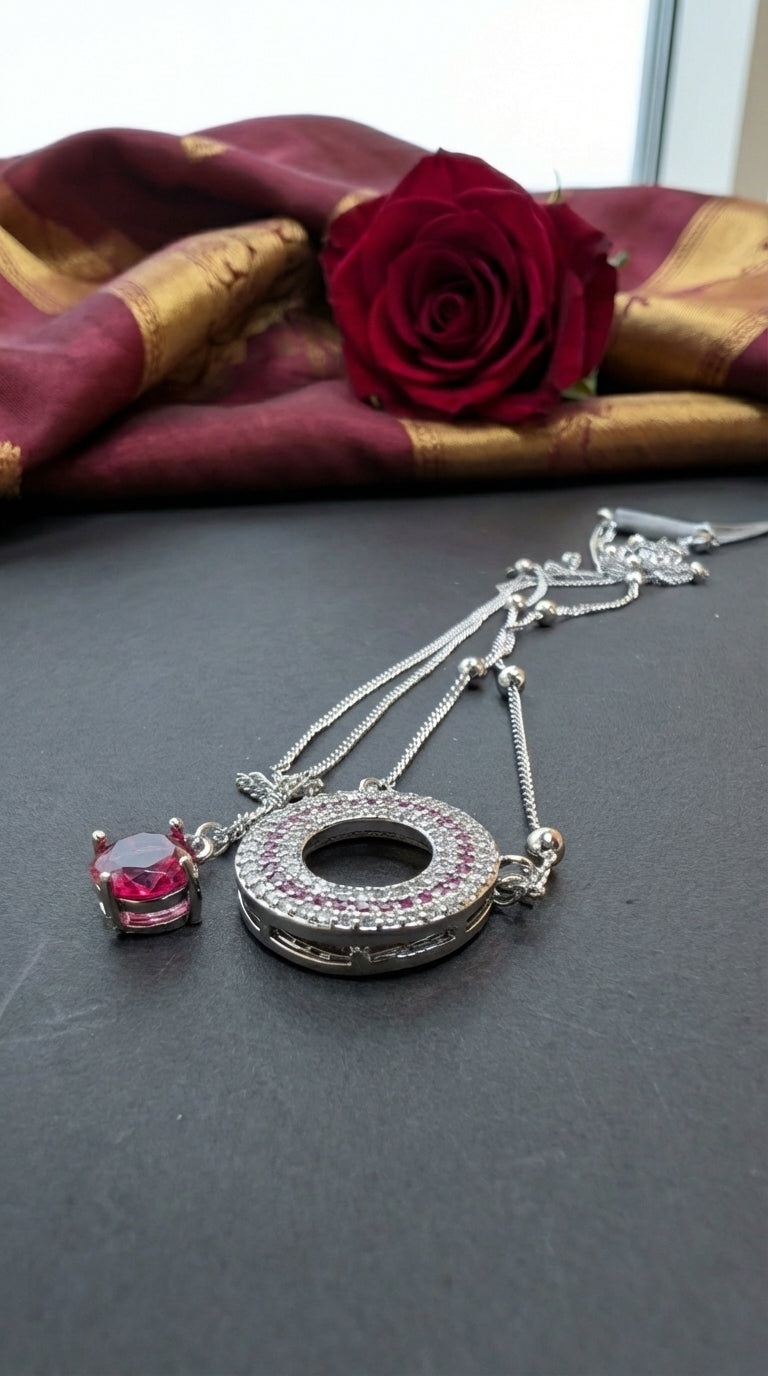 Royal Crimson Zircon Double-Layered Halo Circle Pendant Necklace