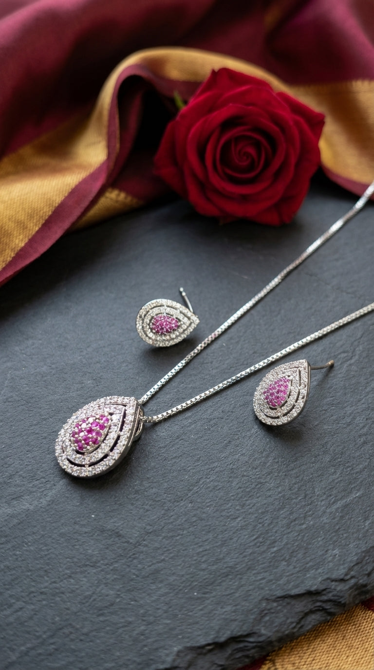 Elegant Pink Teardrop Pendant Necklace & Stud Earring Set