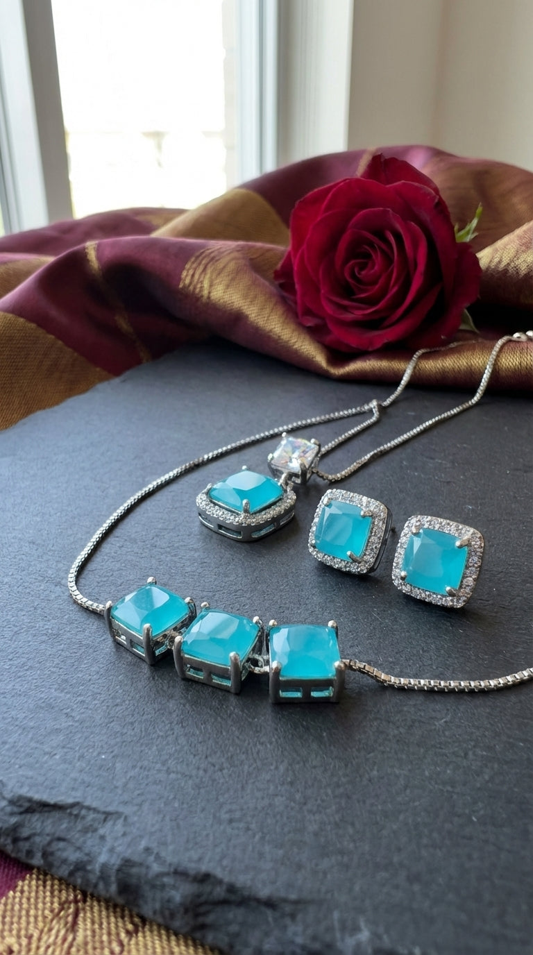 Royal Seafoam Turquoise Zircon Square-Cut Halo Pendant, Bracelet & Earring Set