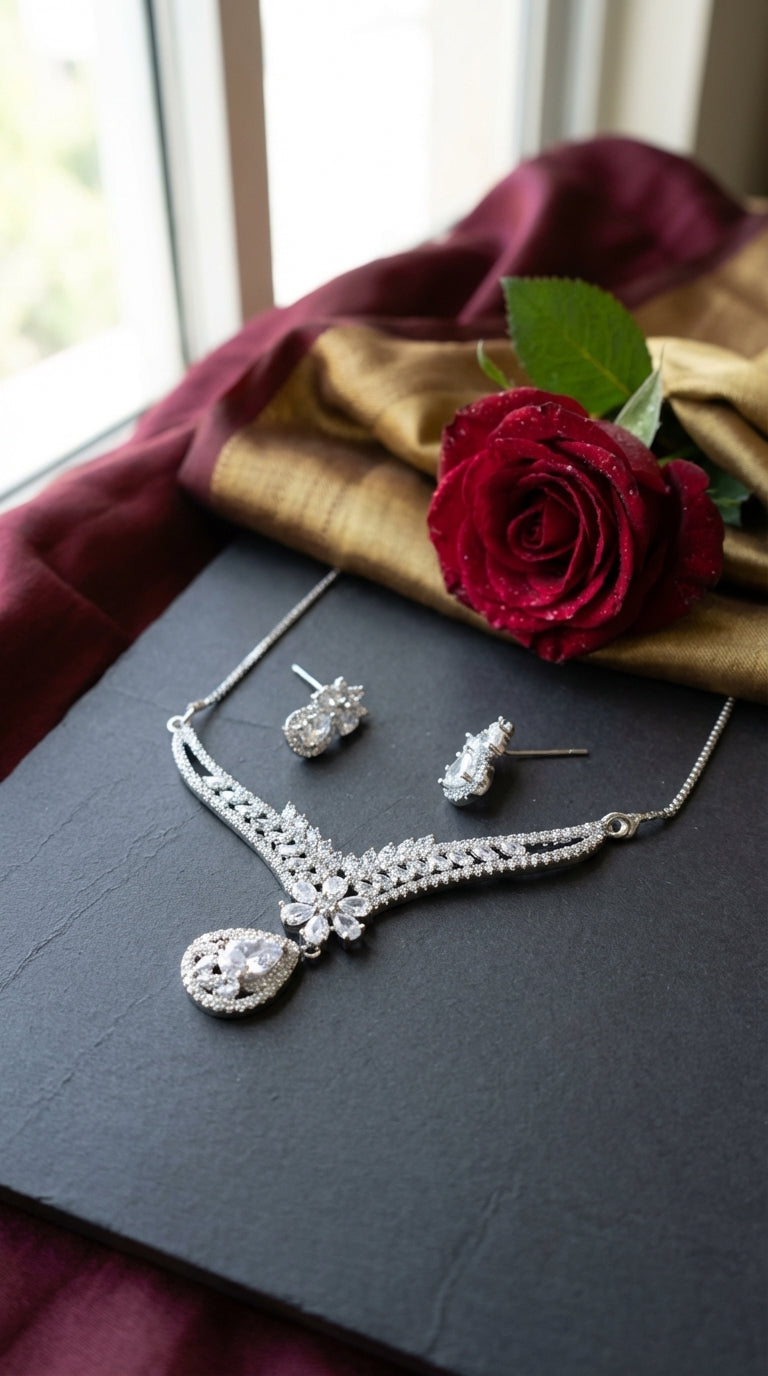 Royal Silver Necklace & Teardrop Earring Set