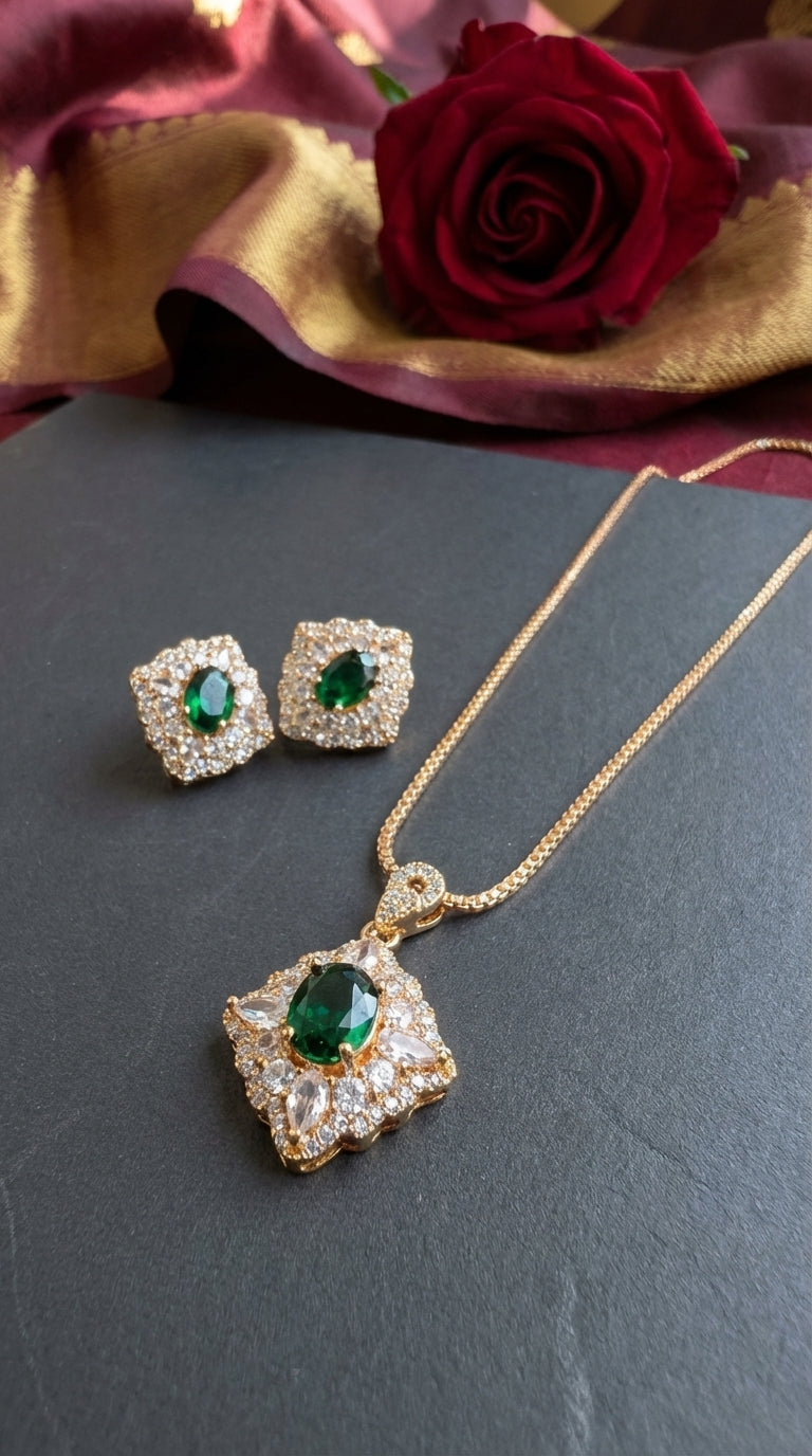 Royal Emerald Green Gold Plated Pendant Necklace & Earring Set