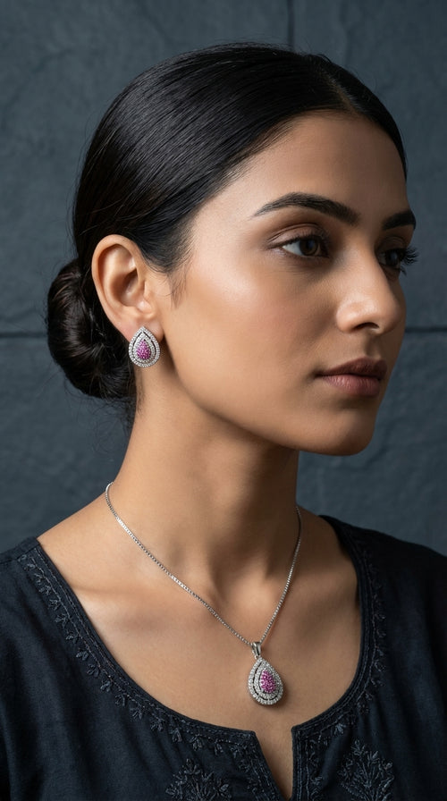 Elegant Pink Teardrop Pendant Necklace & Stud Earring Set