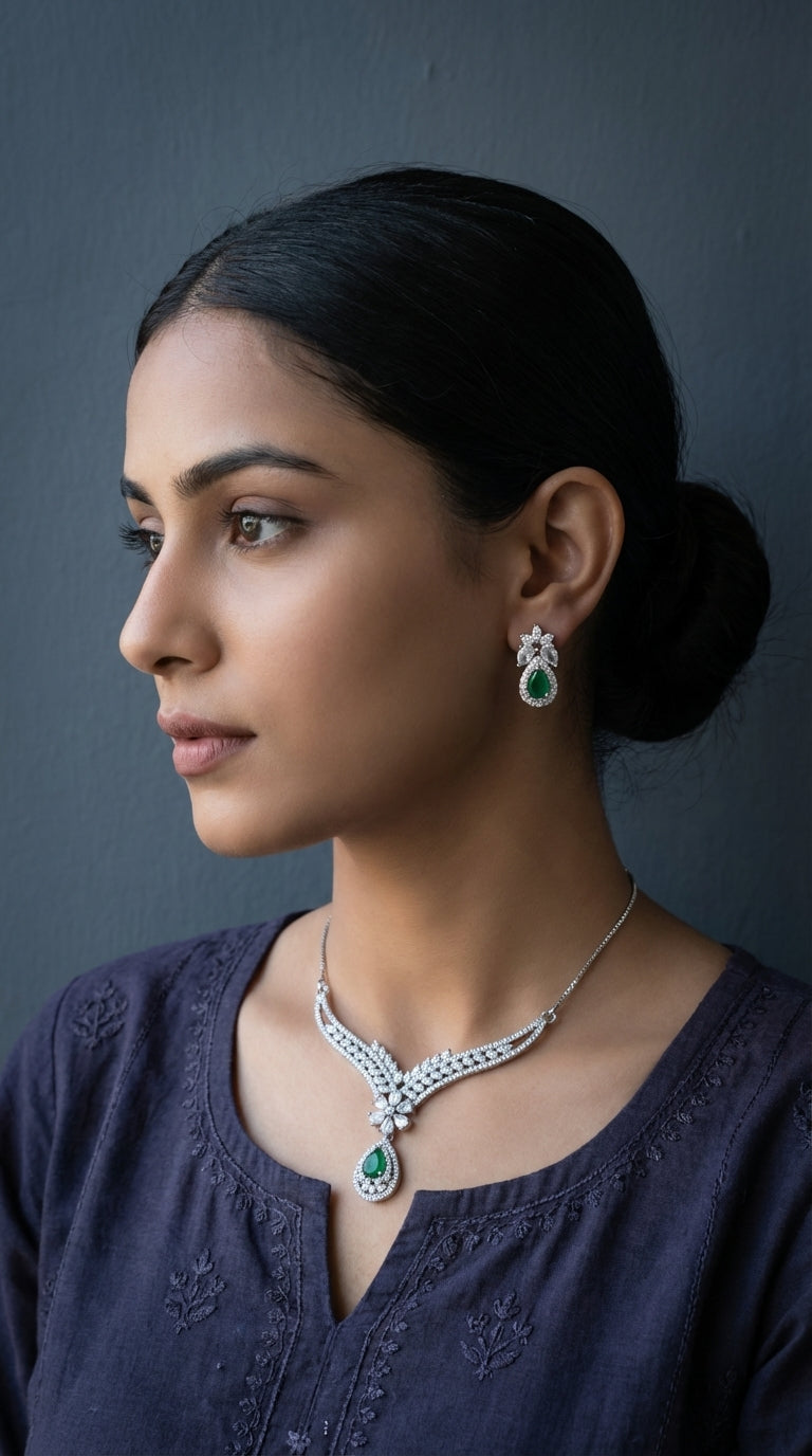 Royal Emerald Green Zircon Bridal Necklace and Teardrop Earring Set