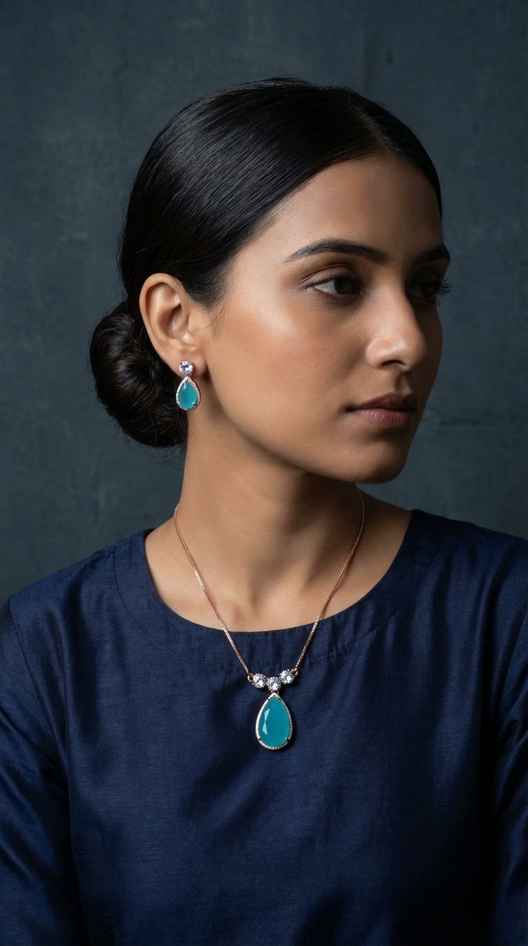 Royal Seafoam Turquoise Zircon Gold-Plated Teardrop Pendant & Earring Set