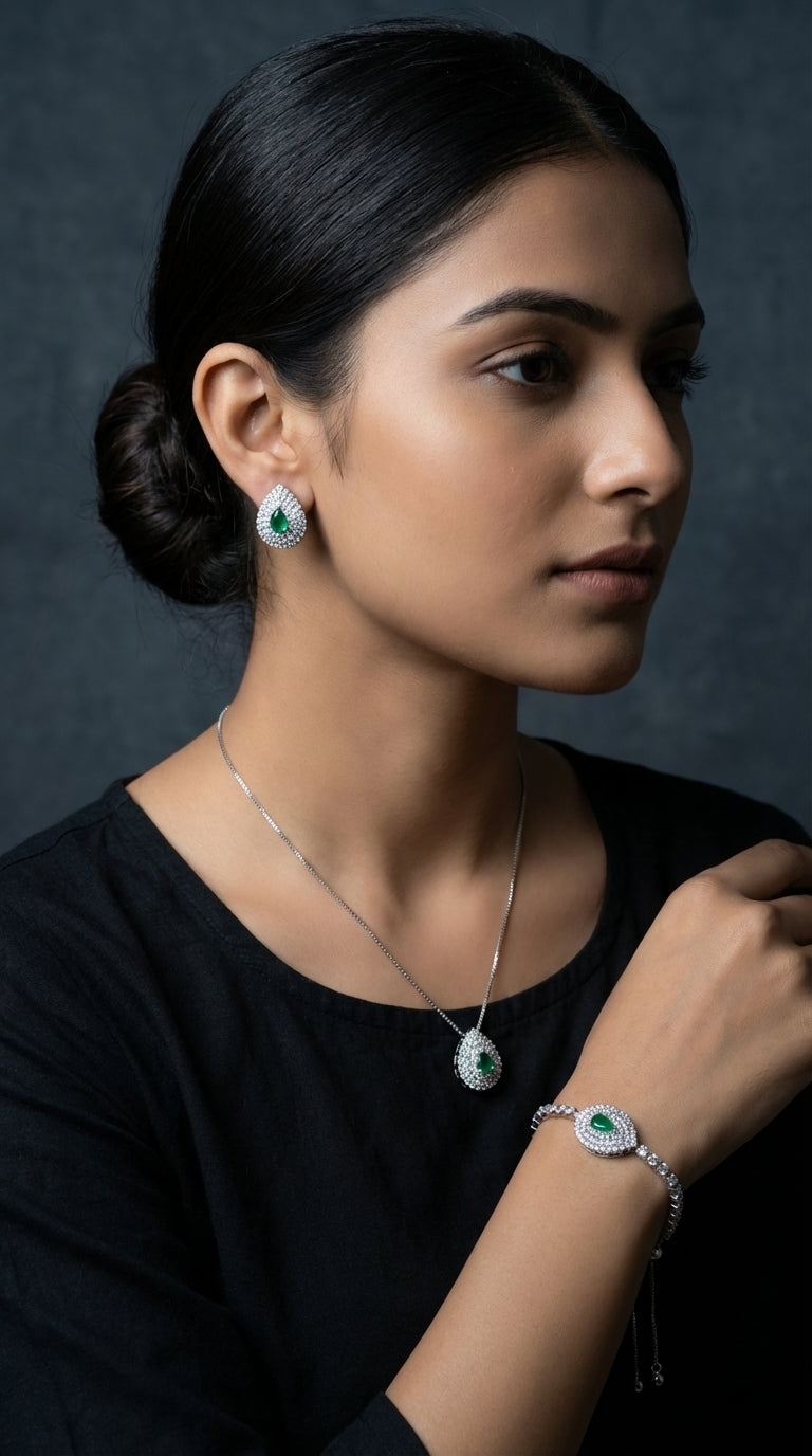 Royal Emerald Green Zircon Bridal Teardrop Necklace, Earring & Bracelet Set