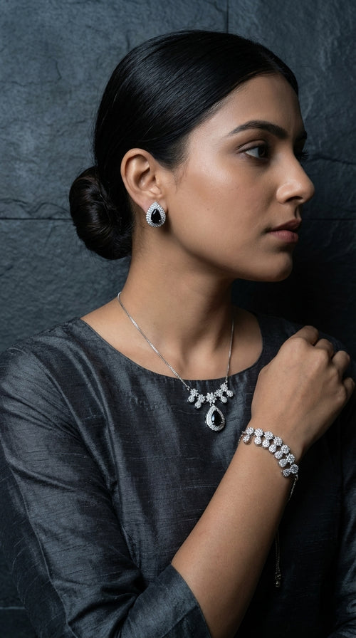 Royal Black Zircon Bridal Pendant Necklace, Earring & Bracelet Set