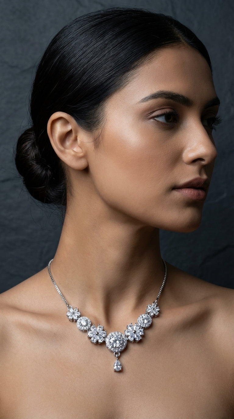 Royal Floral Cluster Zircon Pendant Necklace with Teardrop Accent