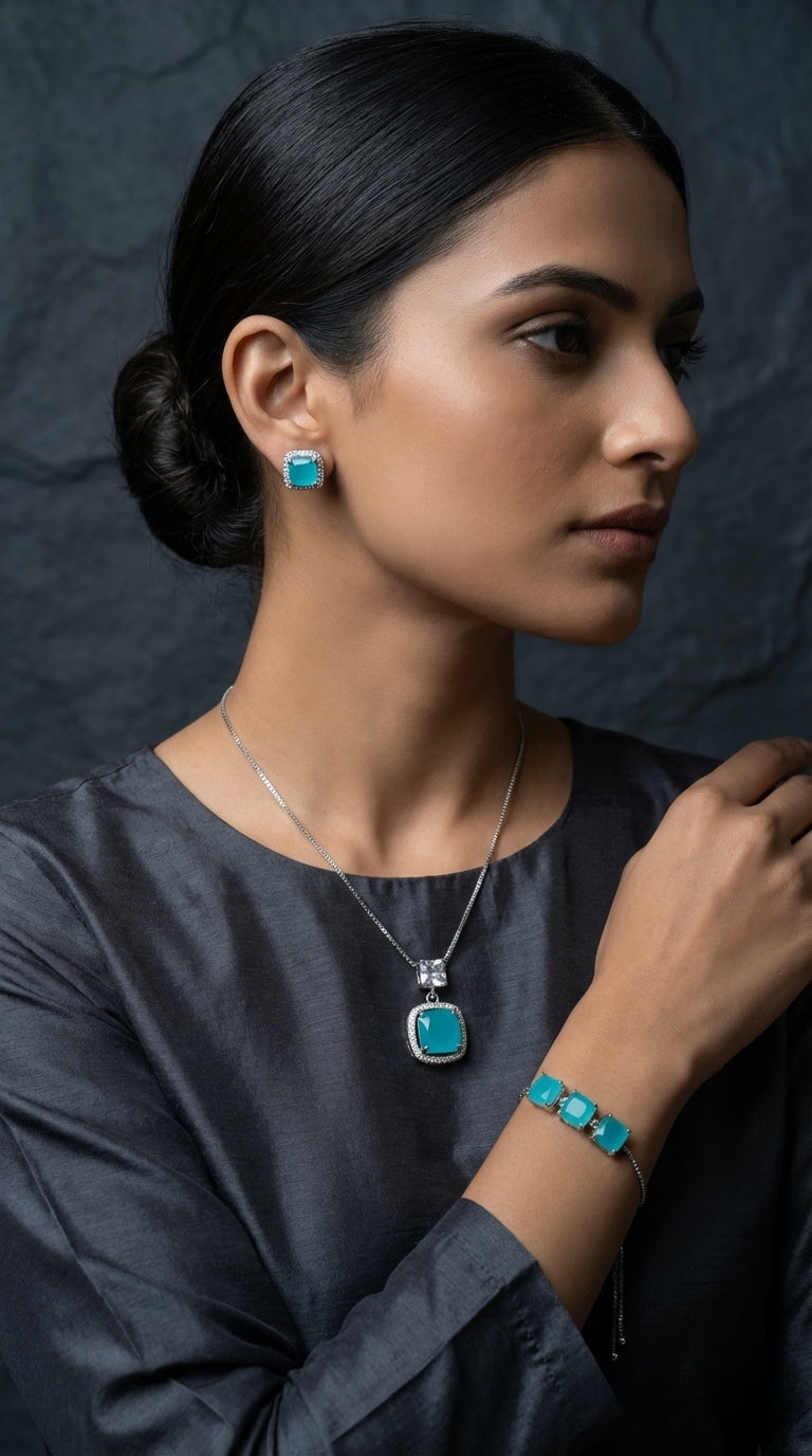 Royal Seafoam Turquoise Zircon Square-Cut Halo Pendant, Bracelet & Earring Set