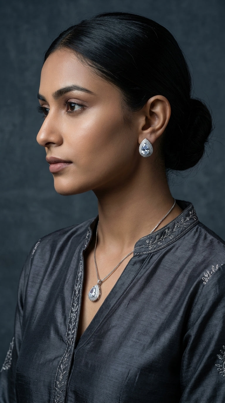 Royal Silver Zircon Bridal V-Necklace and Teardrop Drop Earring Set