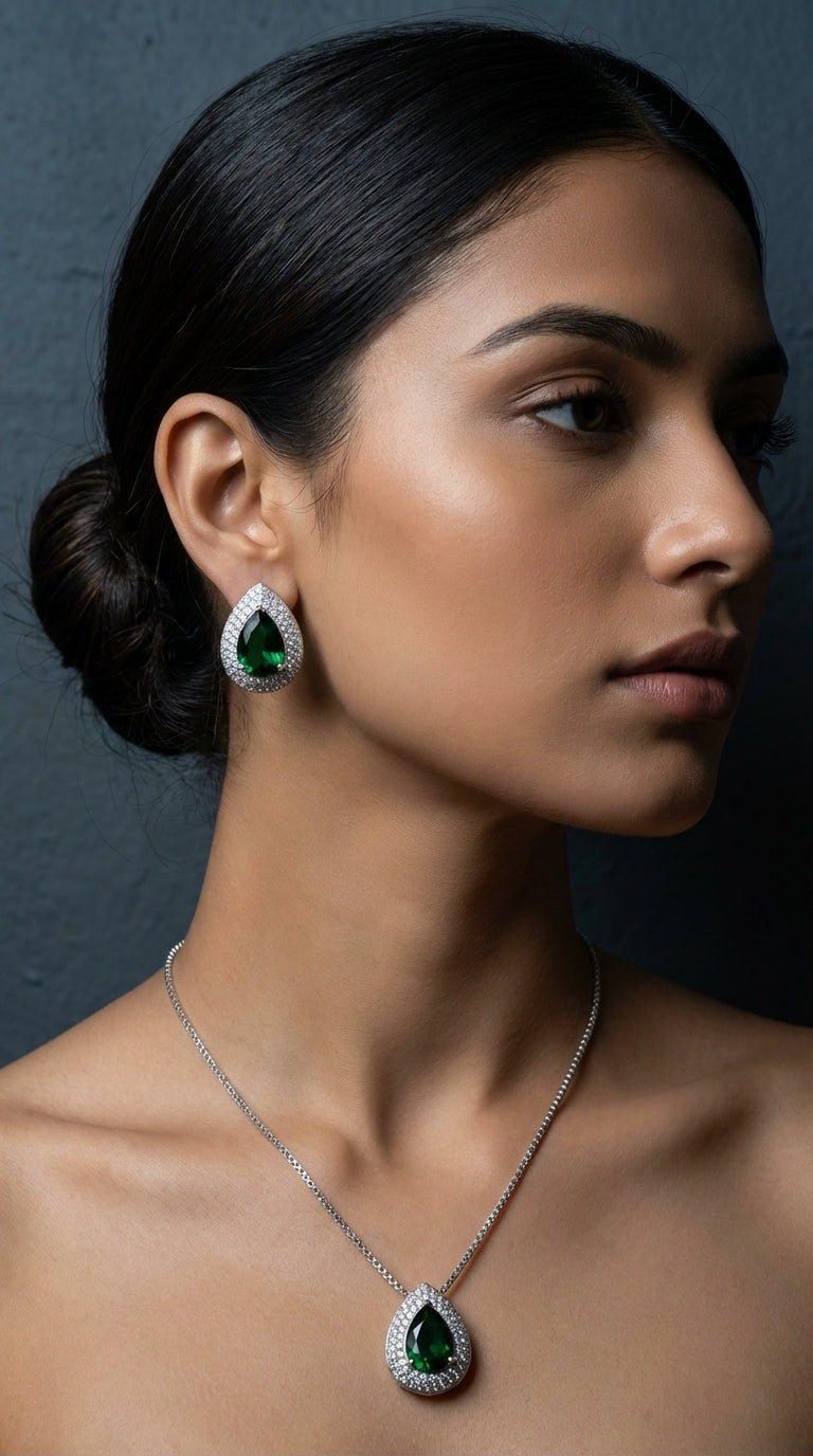 Royal Emerald Green Zircon Bridal V-Necklace & Teardrop Earring Set