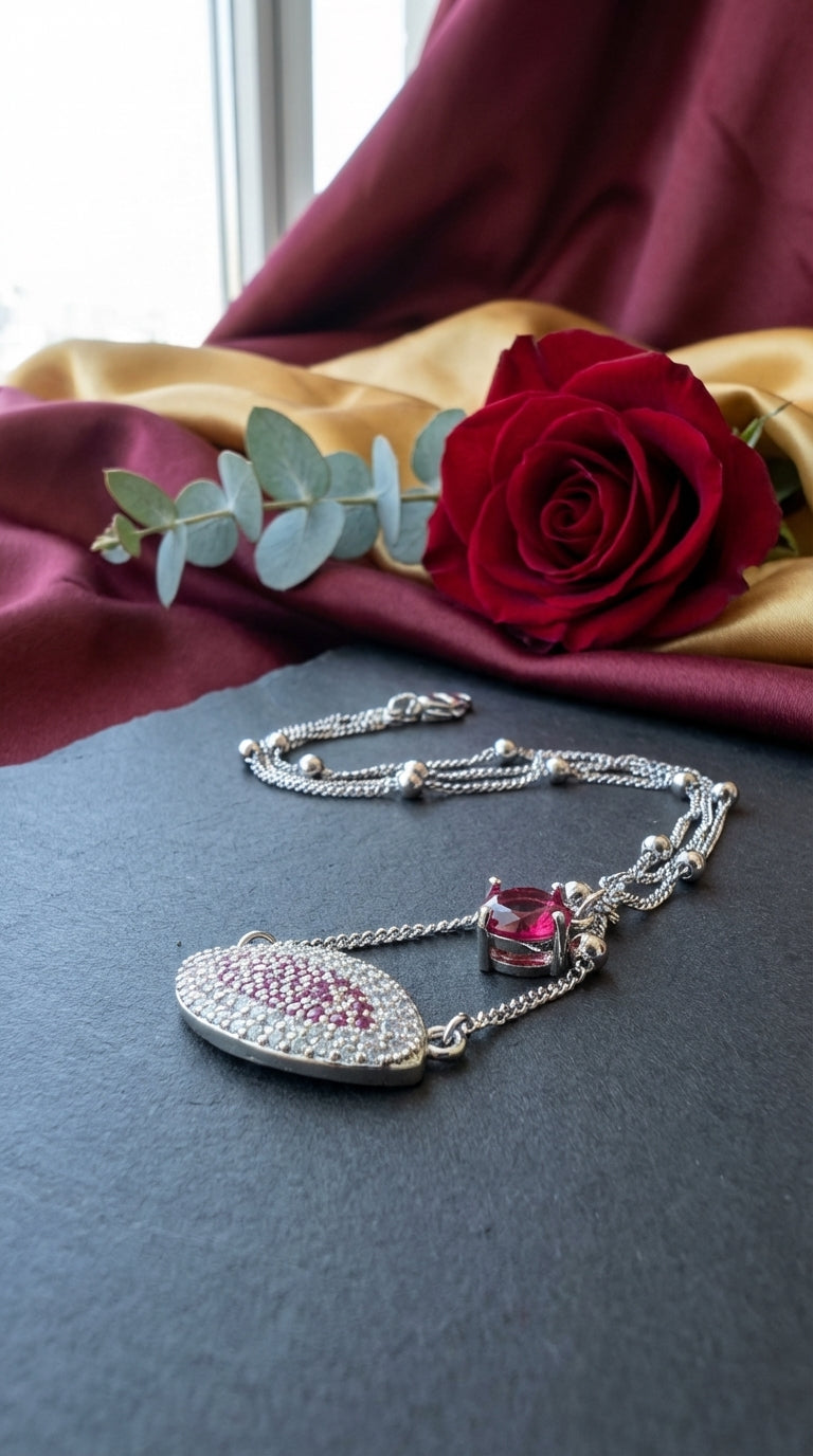 Royal Crimson Marquise Halo Pendant & Multi-Strand Silver Chain Necklace