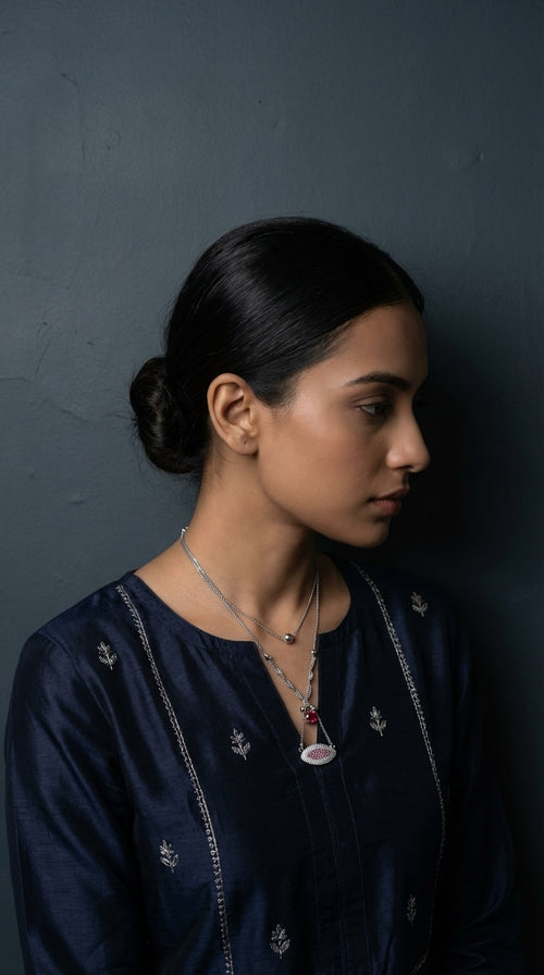 Royal Crimson Marquise Halo Pendant & Multi-Strand Silver Chain Necklace