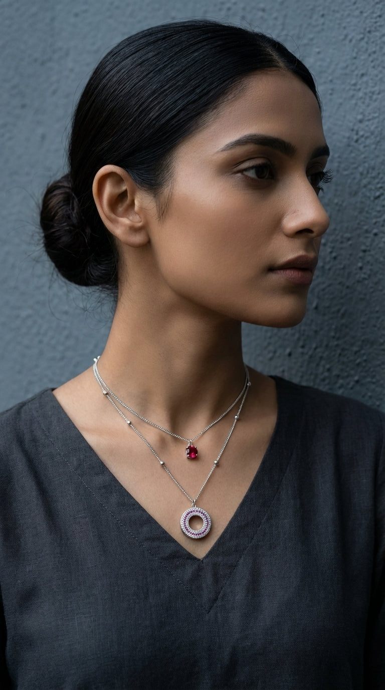 Royal Crimson Zircon Double-Layered Halo Circle Pendant Necklace