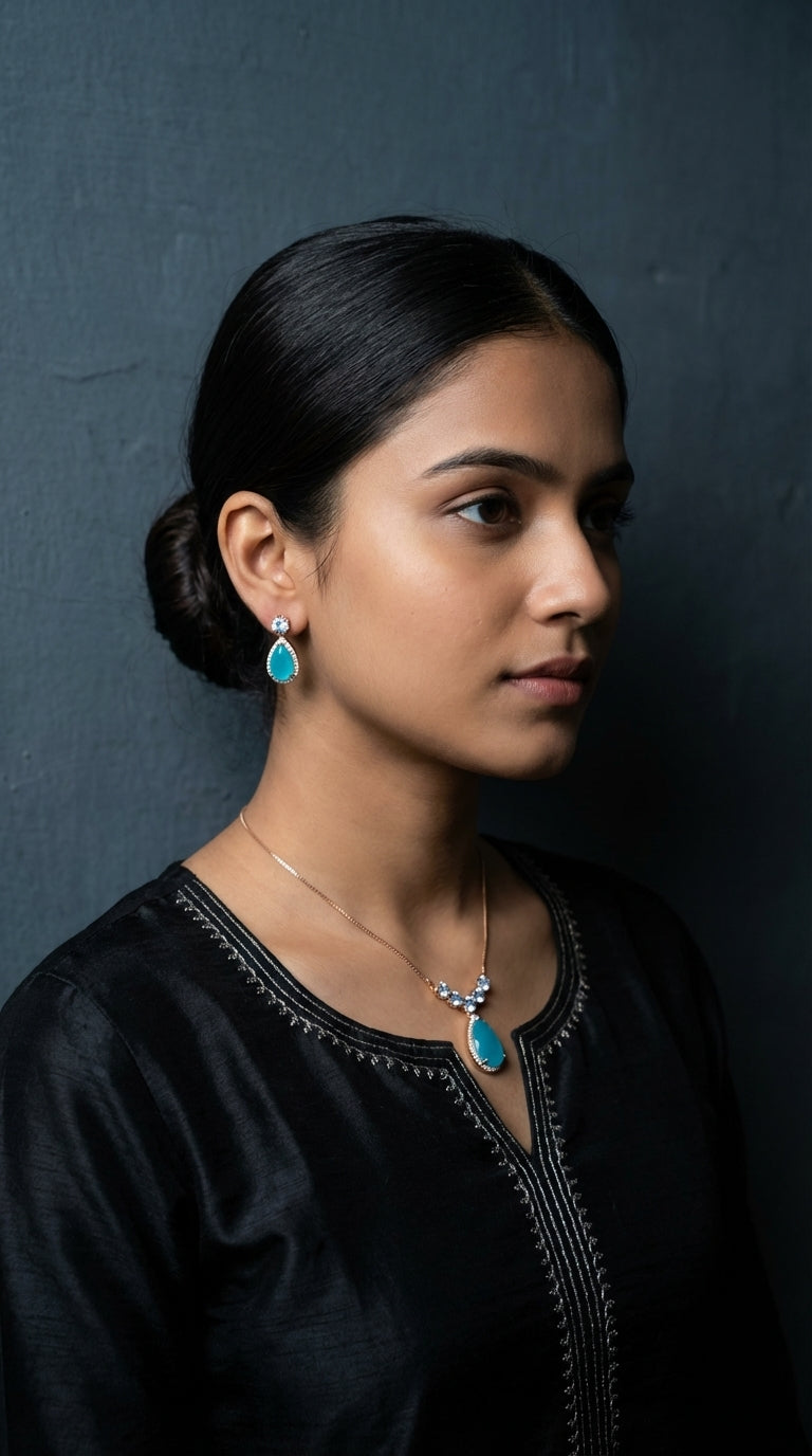 Royal Emerald Green Zircon Bridal V-Necklace & Teardrop Earring Set