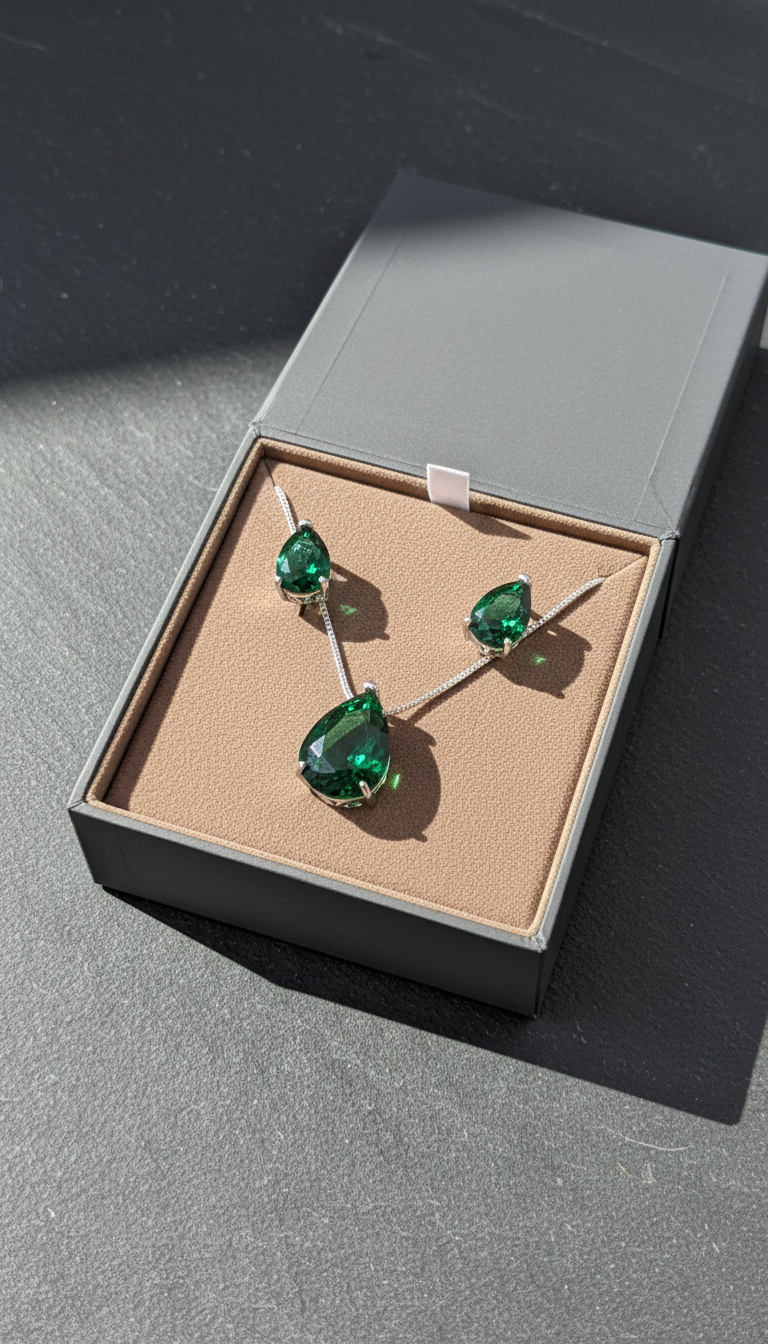 Royal Emerald Green Zircon Bridal Teardrop Pendant and Earring Set
