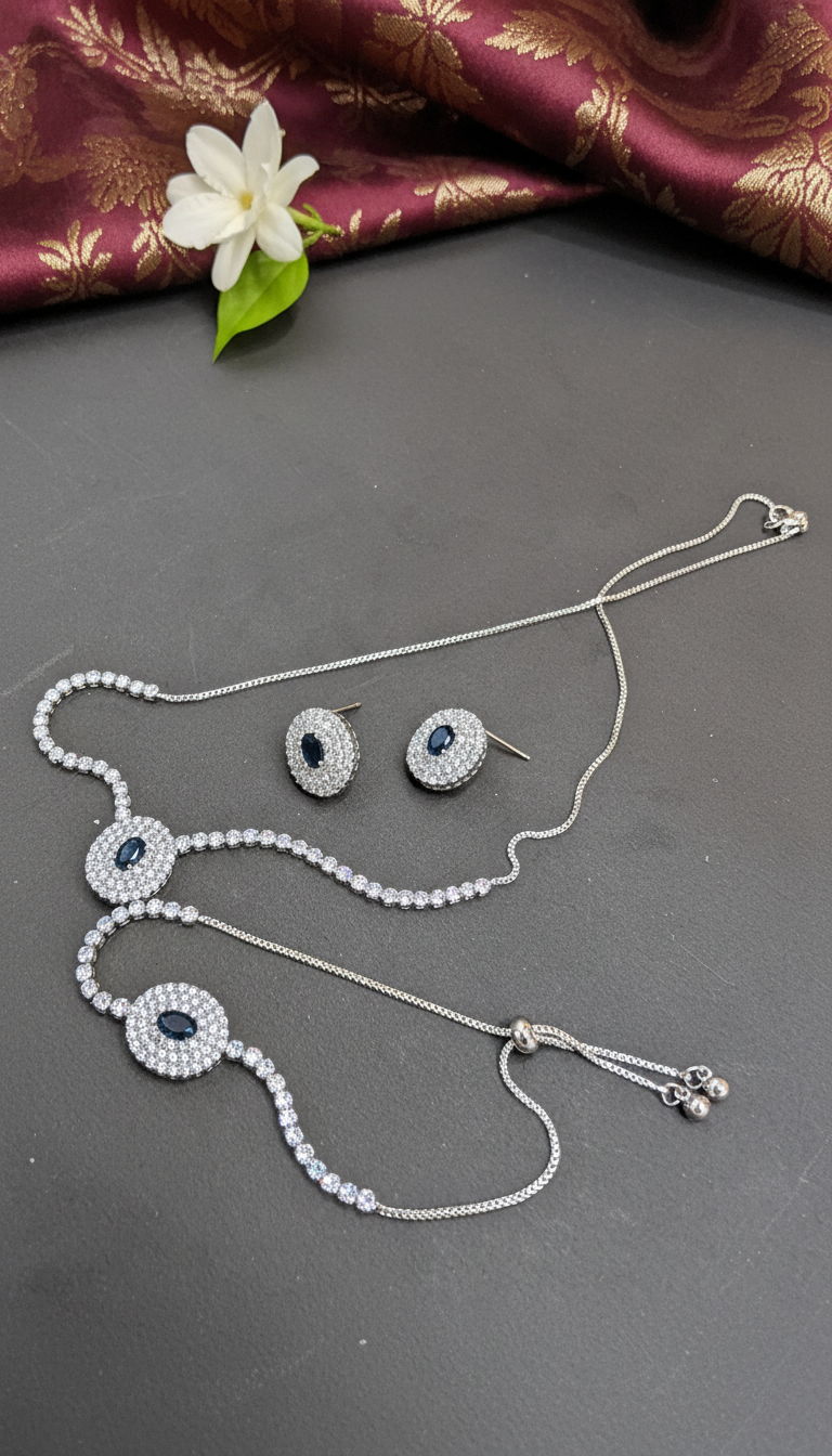 Royal Sapphire Blue Zircon Halo Tennis Necklace, Bracelet & Stud Earring Set