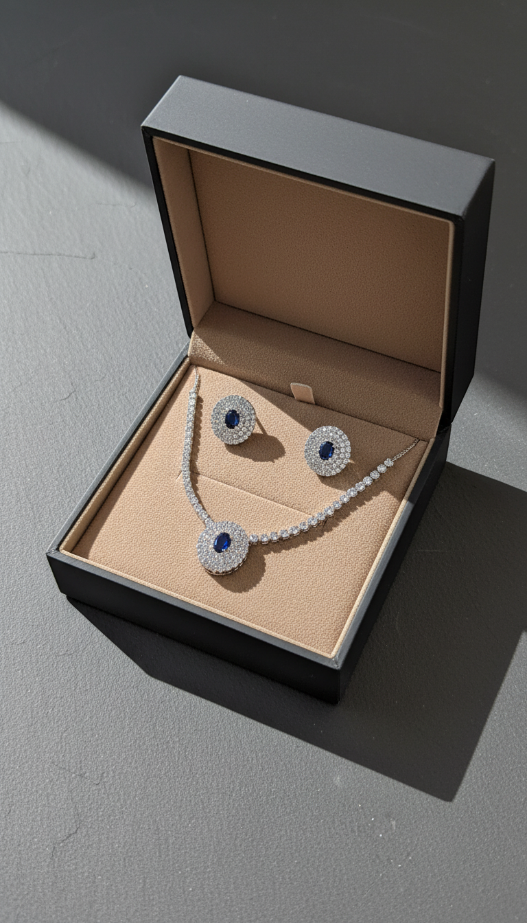 Royal Sapphire Blue Zircon Halo Tennis Necklace, Bracelet & Stud Earring Set