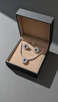 Royal Sapphire Blue Zircon Halo Tennis Necklace, Bracelet & Stud Earring Set